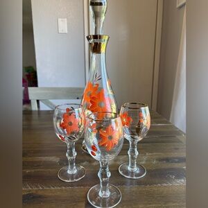 MCM Decanter Set Orange & Gold Gilded Striped Cordial Glass Hand Painted Floral